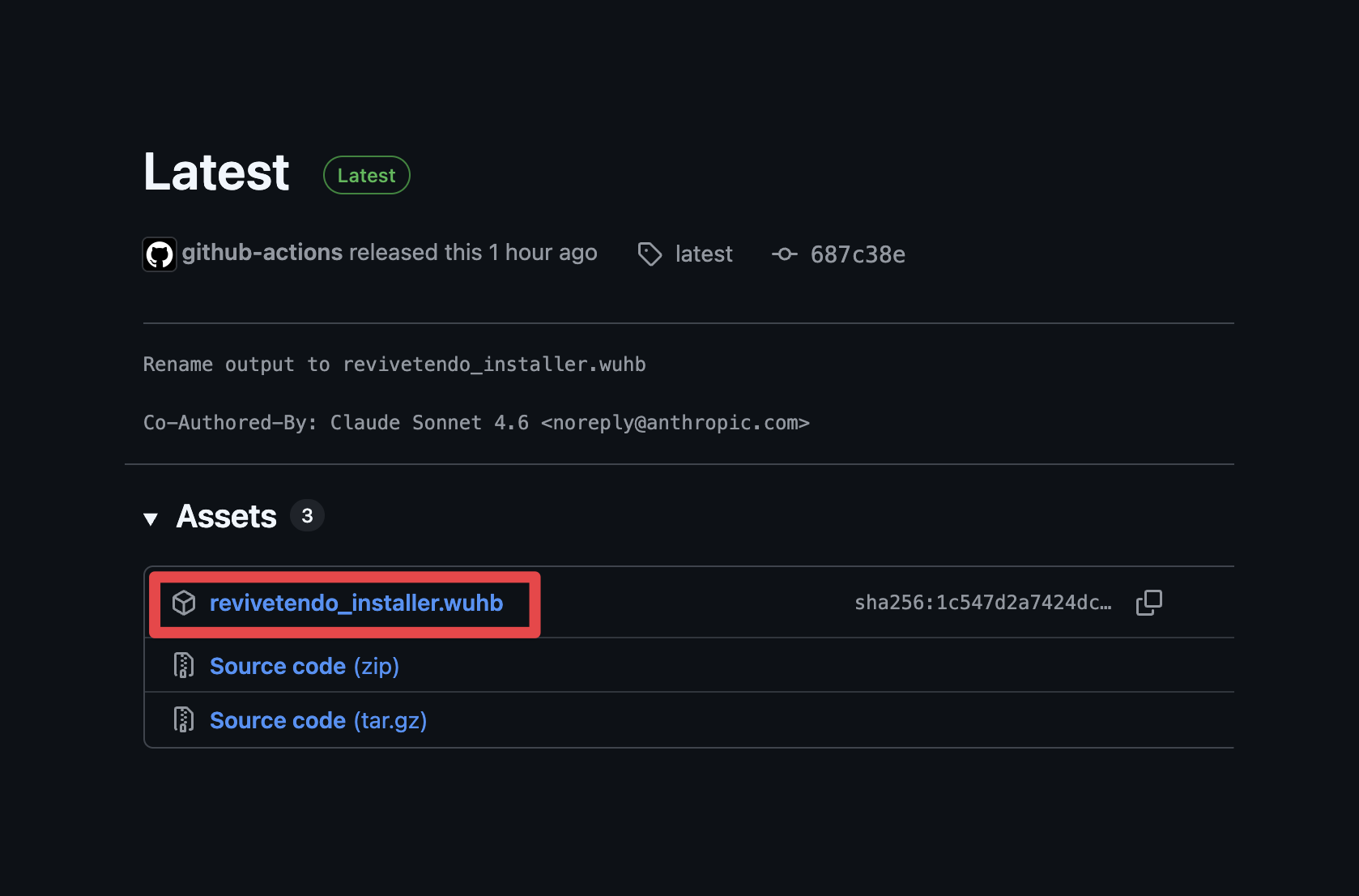 GitHub release showing revivetendo_installer.wuhb asset to download